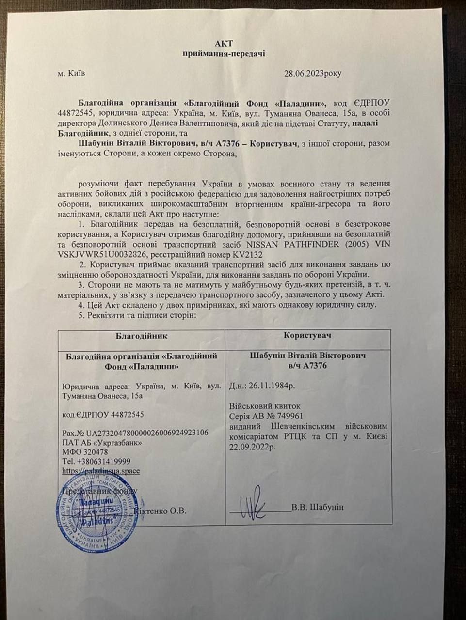 Ілюстрація до публікації «Зверніть увагу: автомобіль Nissan Pathfinder був переданий приватному Шабуніну в безповоротне користування.»