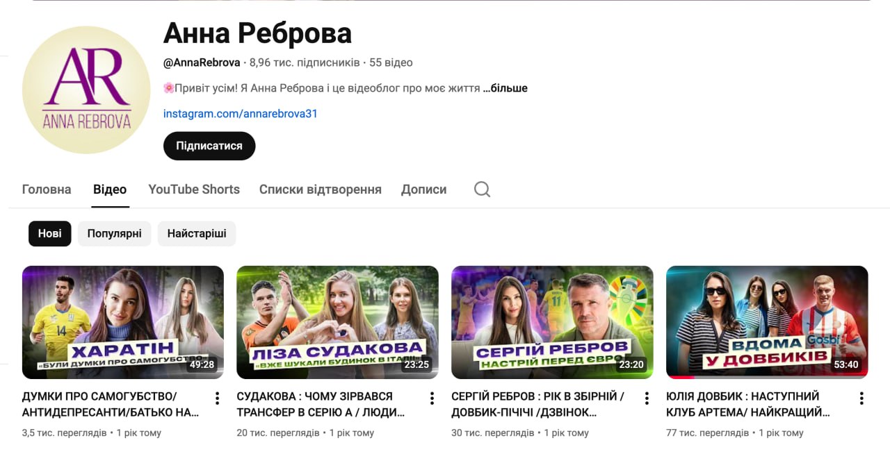 Ілюстрація до публікації «"Світська левиця" Анна Реброва, яка горделиво позиціонувала себе як власниця ютуб-каналу начебто про футбол вже понад рік нічого не знімає.»