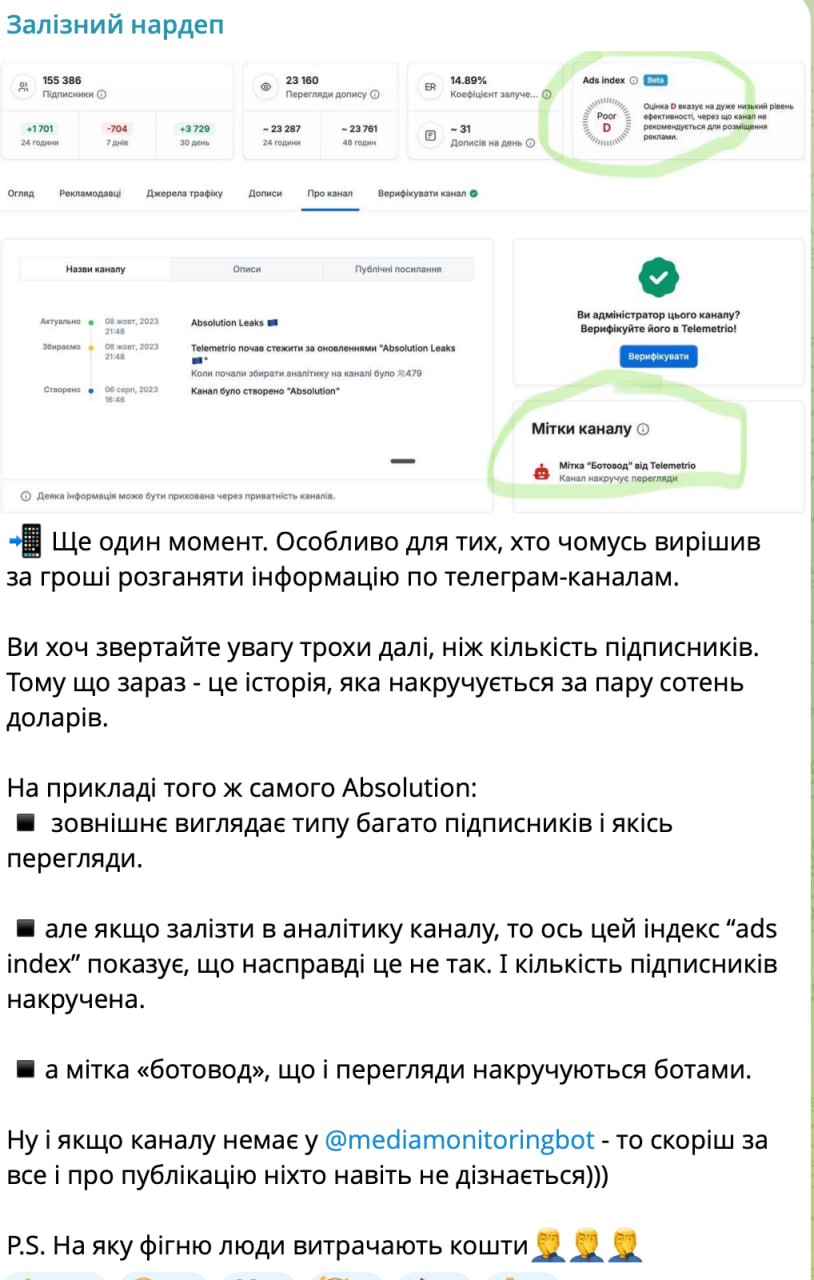 Ілюстрація до публікації «Дякуємо пану нардепу Ярославу Железняку та його друзям з Мінцифри та економічної ради за те, що допомогли підписниками та ботами нашому каналу.»