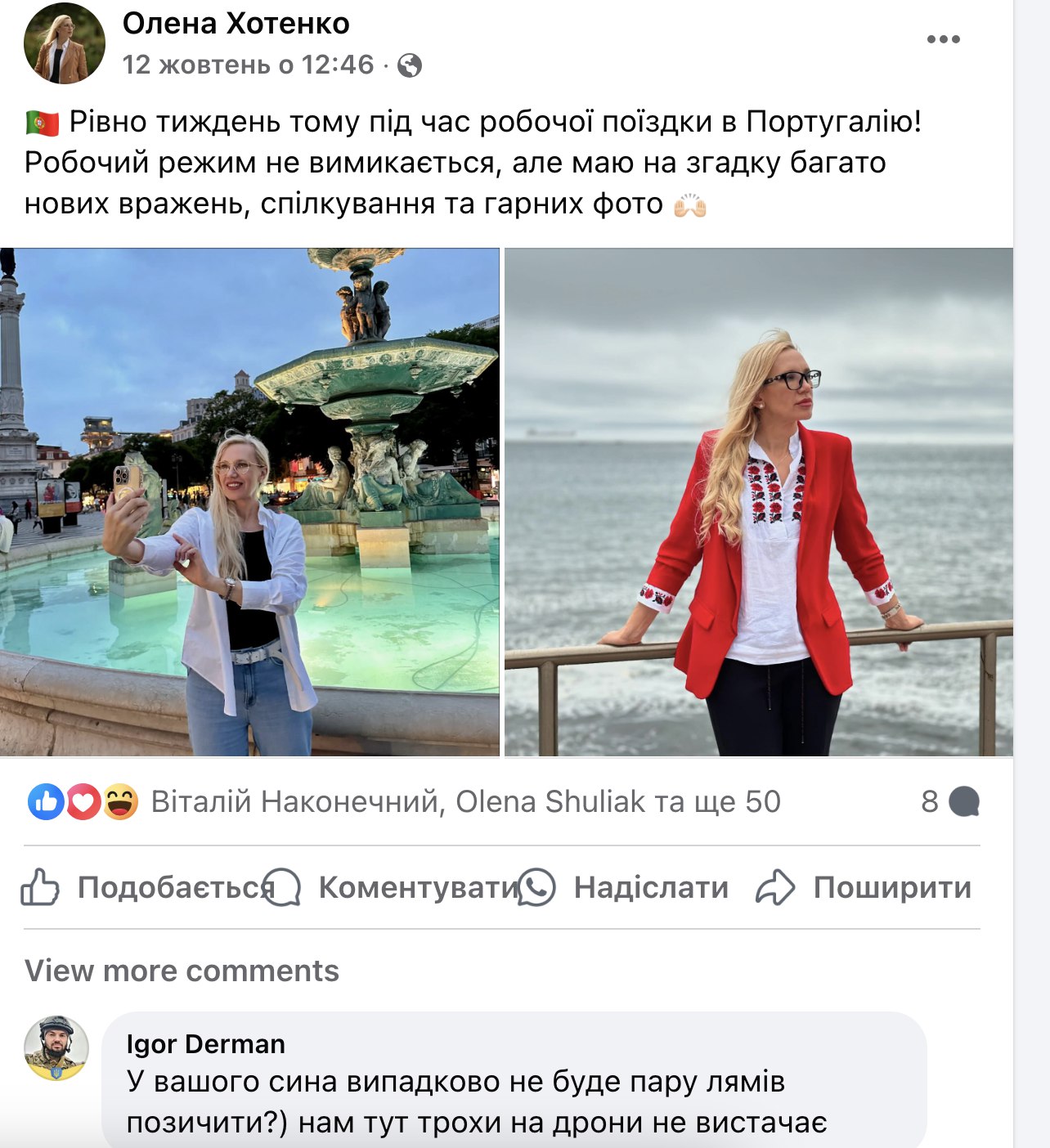Ілюстрація до публікації «Олена Хотенко, а чого ви воякам ЗСУ не відповідаєте? За сина-мільйонера соромно? Чи за хахаля-ухилянта, що відпочиває у Криму?»