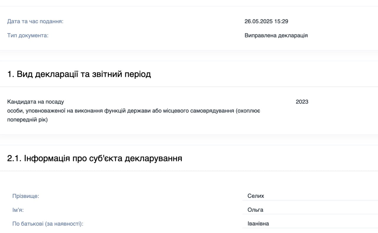 Ілюстрація до публікації «Дурнувата Ольга Селих подала декларацію, як кандидата на посаду посла в Омані в 2025 році за 2023-й рік... Клініка»