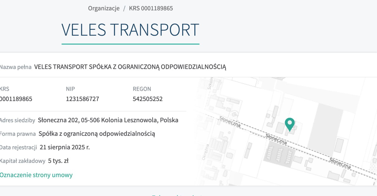 Ілюстрація до публікації «У серпні цього року кримські сепаратисти Вилегжаніни зареєстрували ще одну фірму в Польщі — VELES TRANSPORT Sp. z o.o.»