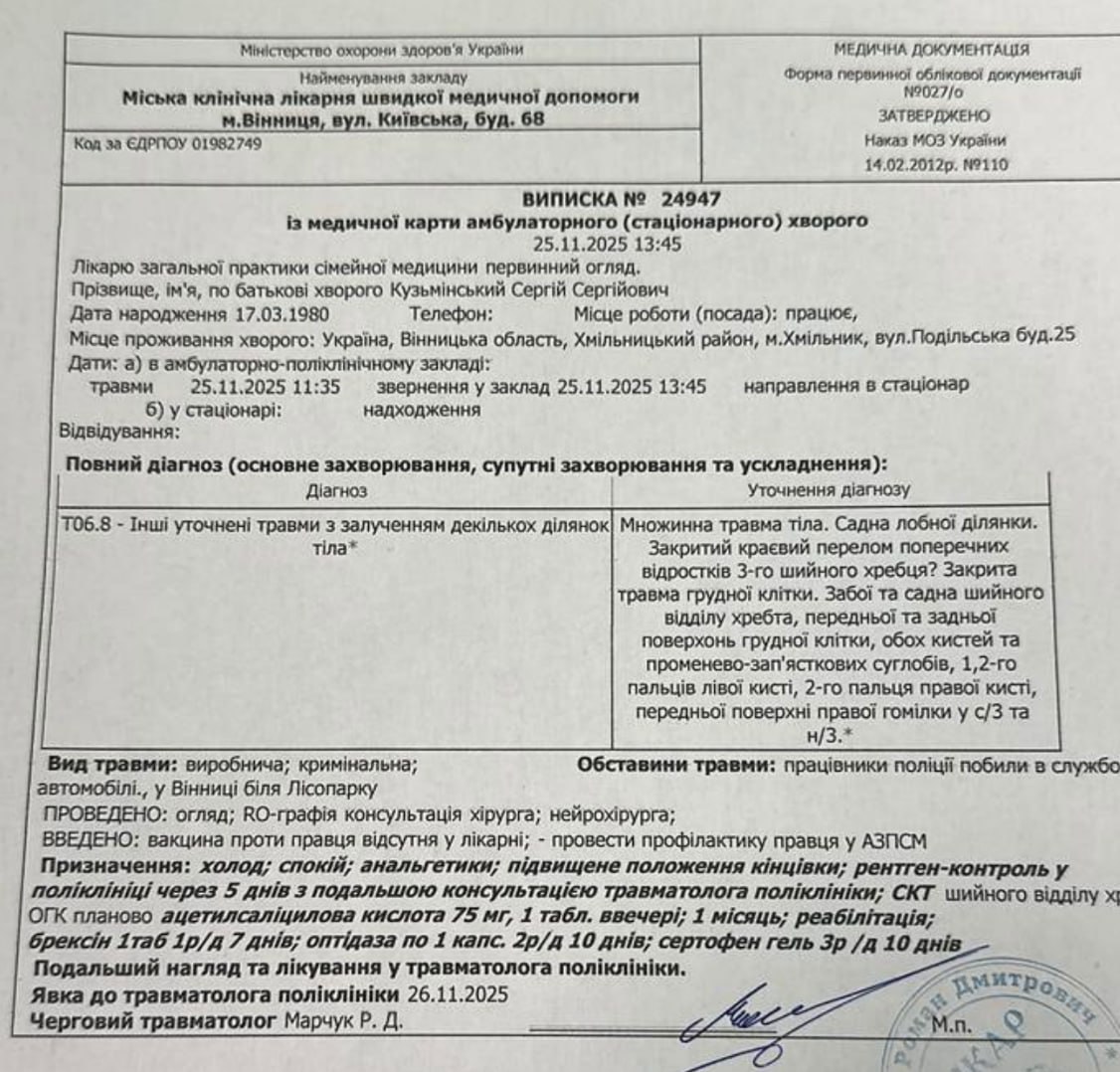 Ілюстрація до публікації «Цікава історія з Вінниці — кажуть, що нібито жорстко побили заст. начальника Хмільницького райвідділу поліції (Хмільник).»